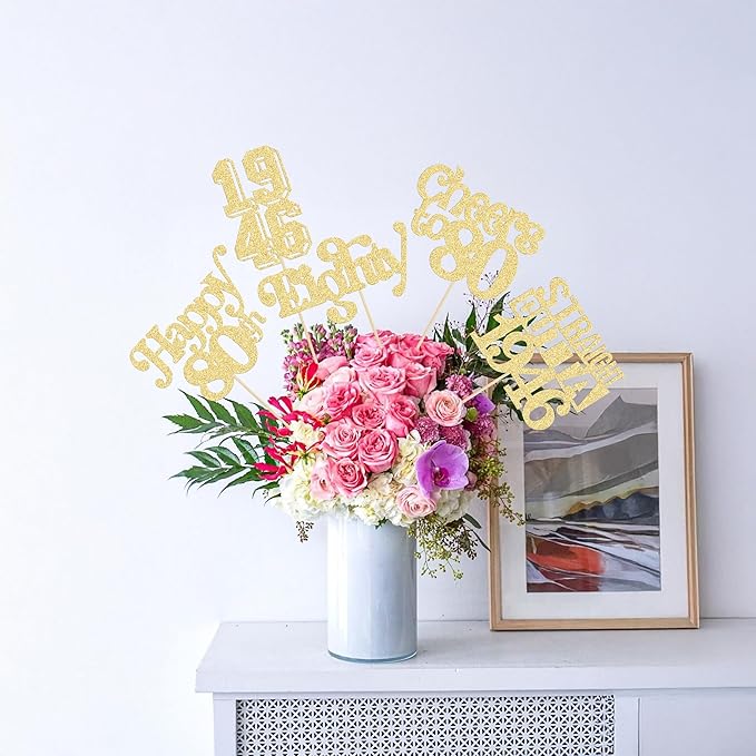 Gyufise 15Pcs Happy 80th Birthday Centerpiece Sticks Eighty Straight Outta 1946 Table Flower Centerpieces Sticks Cheers to 80 Decorations for 80th Birthday Party Supplies Gold