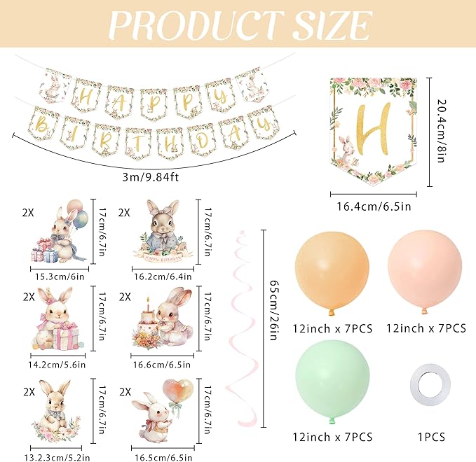 Bunny Birthday Decorations Kit, 36PCS Easter Bunny Party Supplies with Happy Birthday Banner, Hanging Swirls Ceiling Decoration and Balloons for Girls Baby Shower Rabbit Themed Party