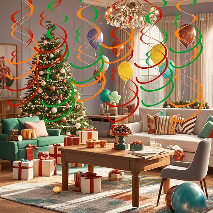 Colorful Ceiling Swirl Foil Decorations Hanging Plastic Streamer Themed Swirl Party for Christmas Graduation Celebration, Pack of 28 (Red, Green and Orange)