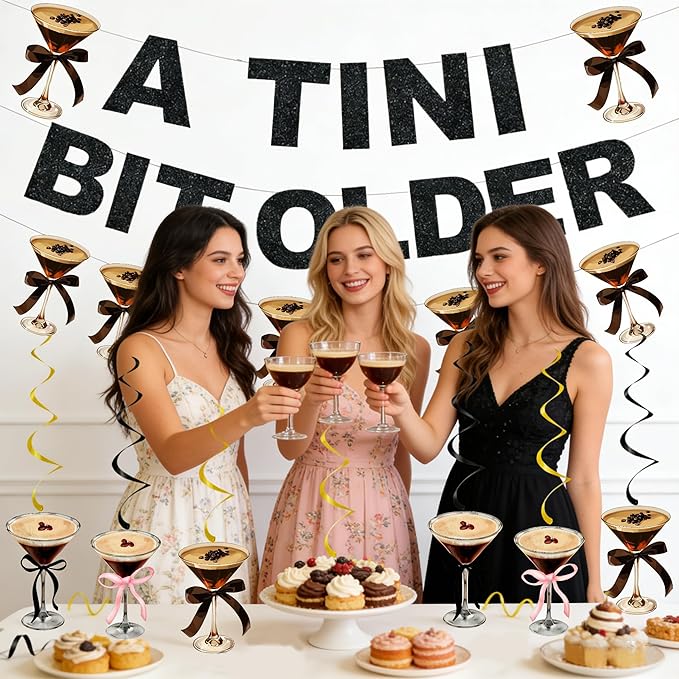 Martini Themed Birthday Party Decorations,Glitter Black A TINI BIT OLDER Banners with Hanging Swirls,for Adults Women Men Birthday Party Decor Supplies