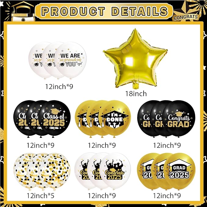 Black Gold Graduation Balloons Class of 2025 Graduation Decorations Class of 2025 Black Gold Graduation Party Decorations-12 Inch