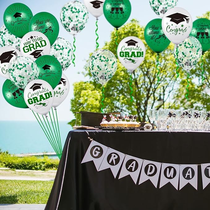 Whaline 60Pcs Graduation Party Balloon Set 7 Designs Green White Confetti Latex Balloon with 2 Rolls Green Ribbon Grad Cap Congrats Grad Balloon for Graduation Party Decoration Supplies