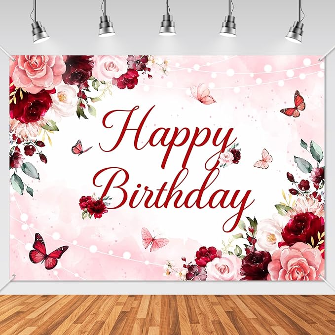 Avezano Floral Happy Birthday Banner for Women Girls Rose Gold Red Floral Birthday Party Decorations for Women Burgundy Flower B-day Party Supplies Banner (7x5ft)