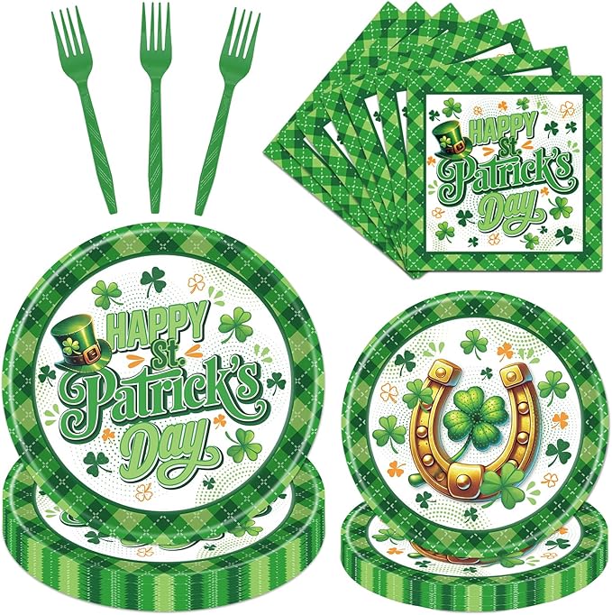 Rakuto St Patricks Day Plates and Napkins Decorations, 96PCS Lucky Green Shamrock Disposable Forks Party Decoration, Happy St Patrick's Day Tableware Decor for Irish Birthday Holiday Serve 24