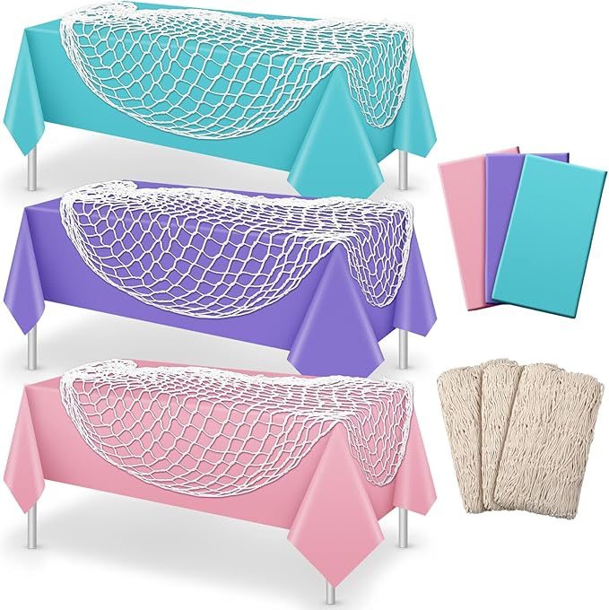 Unittype 6 Pcs Fish Net Decorative and Tablecloth Set, Cotton Fishnet and Plastic Table Cover Decorations Set for Nautical Themed Party Baby Shower Pirate Decorations Mermaid Party(Fresh Color)