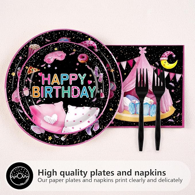 Grencian 96 Pcs Sleepover Birthday Party Supplies Black Sleepover Plates and Napkins Disposable Tableware Set Pajama Party Decorations for Girls Slumber Themed Birthday Decorations Serves 24