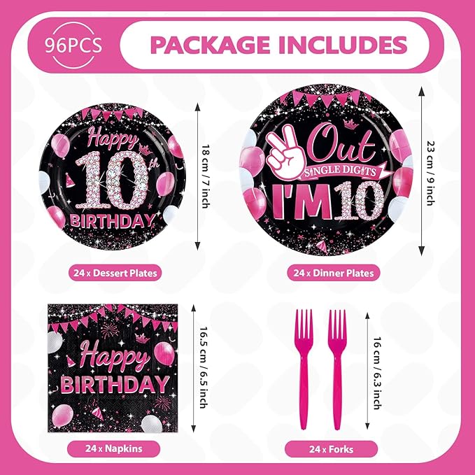 96Pcs 10th Birthday Party Supplies Black and Hot Pink Plates Napkins and Forks Diamond I’m 10 Disposable Paper Tableware Set for Girls 10 Years Old Birthday Party Supplies Serves 24