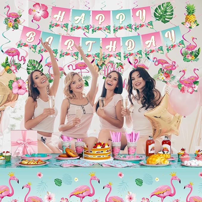 Buryeah 179 Pieces Flamingo Birthday Party Supplies Tropical Hawaiian Party Decorations for Girls Kids Included Banner Tablecloths Hanging Swirls Plates Napkins Cups Forks Spoons Knife for 24 Guests
