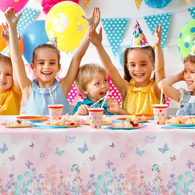 Gatherfun Butterfly Disposable Tablecloth, Plastic Table Cover for Kid’s Birthday Party, 3 PCS, 54”x 108”