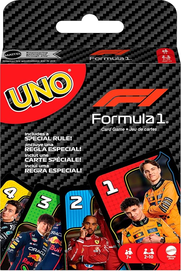 Mattel Games UNO F1 Card Game for Kids, Families, Travel & Camping, Deck Features Images from The World of Formula 1 Racing