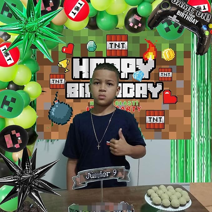 Pixel Game Birthday Party Decorations Supplies, Includes Green Brown Balloon Arch Garland Kit, Backdrop, Controller Foil Balloon, Star foil Balloons for Boys Pixel theme Birthday Party Supplies