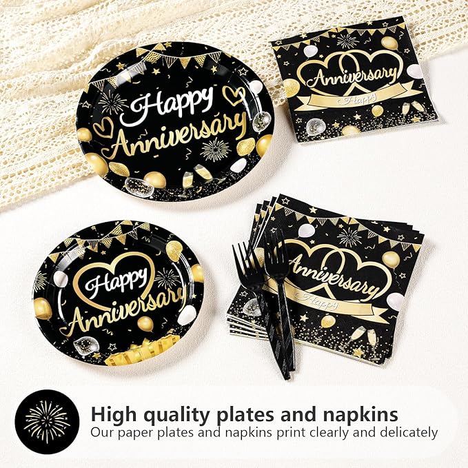 96 Pcs Happy Anniversary Decorations Disposable Black and Gold Anniversary Party Paper Plates and Napkins Tableware Set Wedding anniversary Party Supplies for 40th 50th 60th Wedding Favors 24 Guests