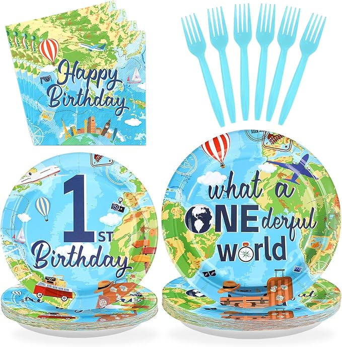 96Pcs Travel Theme 1st Birthday Party Supplies Adventure Awaits Plates and Napkins World Map 1st Birthday Tableware Set for Kids Adventure Time One Year Old Party Supplies，Serves 24
