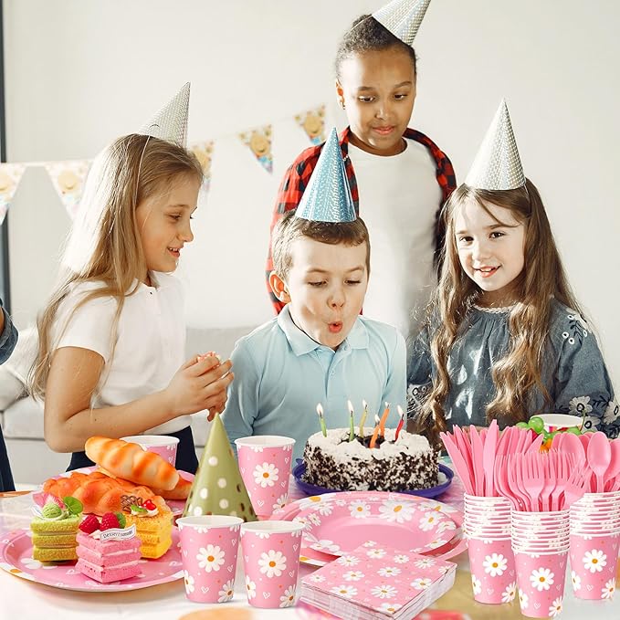 350 Pcs Daisy Party Supplies Tableware Set Disposable 9'' 7'' Paper Plates 9 oz Cups Cutlery Napkins Dinnerware Set for 1st Birthday, Serve 50 (Daisy Birthday, White, Pink)