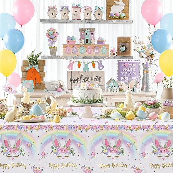 MEHOFOND 3 Pack Bunny Birthday Tablecloth, Disposable Plasticable Easter Table Cloth 54x108 inch, Rainbow Bunny Birthday Party Supplies Spring Easter Table Cover for Party Decor