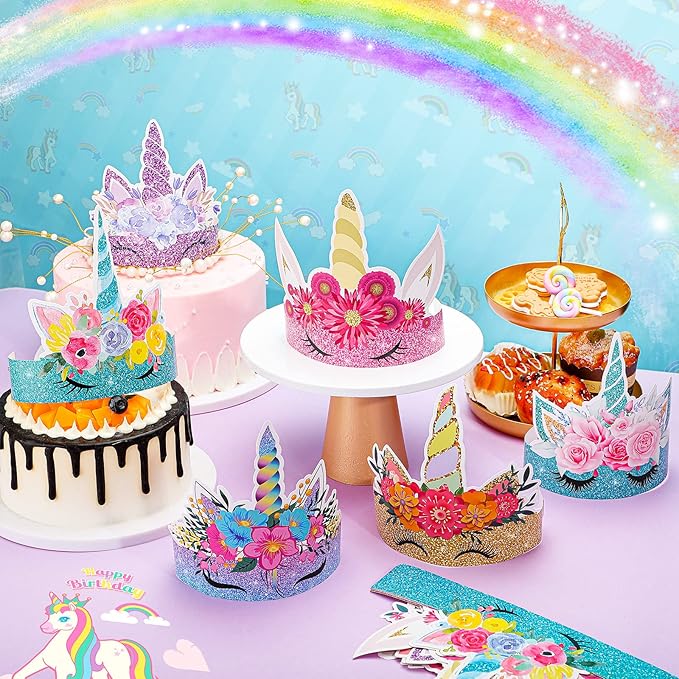 24 Pcs Unicorn Birthday Party Hats Paper Party Crown Unicorn Headbands for Boys Girls, Princess Dress up Theme Decorations Birthday Favors Supplies Headbands
