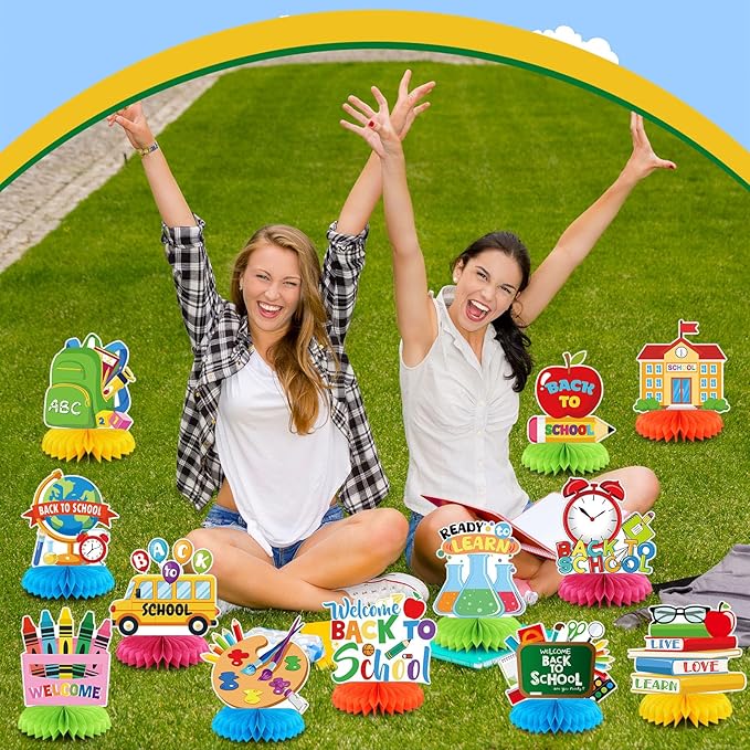 12 Pcs Welcome Back to School Decorations Honeycomb Centerpieces First Day of School Table Decoration Book Pencils Backpack Bus Table Topper for Party Favors Supplies