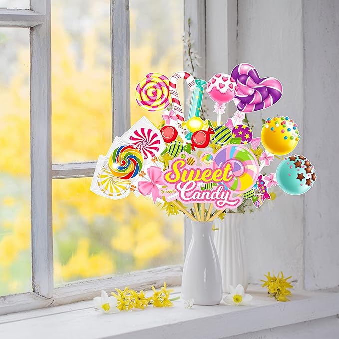 24Pcs Candyland Party Centerpieces Sticks Candyland Lollipop Table Toppers Sweet Candy Party Decorations for Candyland Theme Birthday Party Baby Shower Supplies