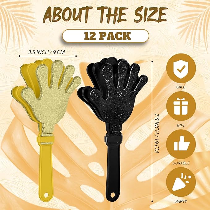 12 Pcs Glod and Black Glittered Hand Clappers，7" Hand Clappers Noisemakers for 2026 New Year's Eve Party Supplies