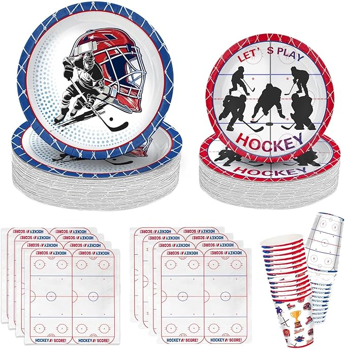 104 PCS Hockey Party Table Supplies Kit Serve 26, Includes Dinner Plates, Dessert Plates, Napkins, Cups for Ice Hockey Birthday Party Sport Events Decorations Favors