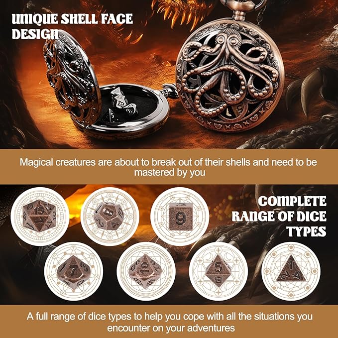 D&D Dice Set,7PCS Metal Dice for Dungeons and Dragons,Mini Dice Set with Pocket Watch Case,Role Playing Board Games Accessories (Octopus, Copper)