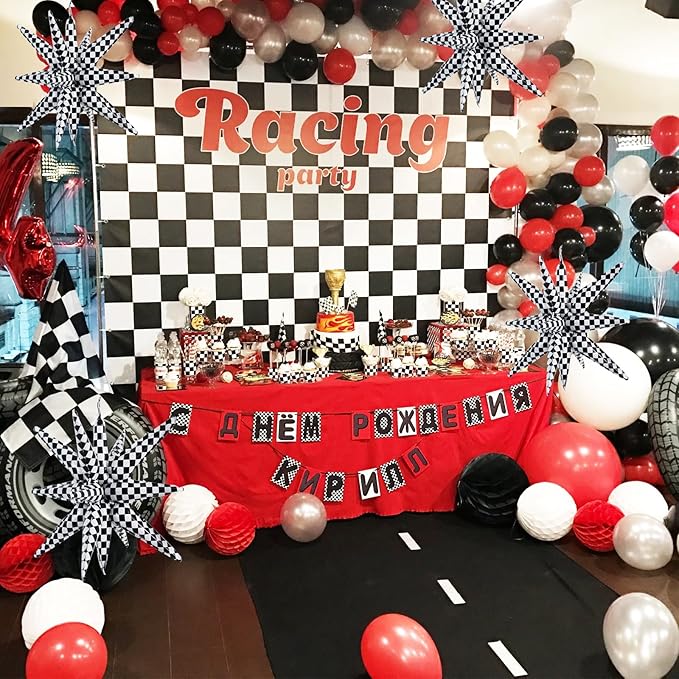 TONIFUL 4 Pcs 22inch 4D Checkered Explosion Star Mylar Balloons 14Point Checkered Star Balloons for Racing Themed Party Decorations Fast Race Car Birthday Baby Shower Photo Booth Backdrop Supplies