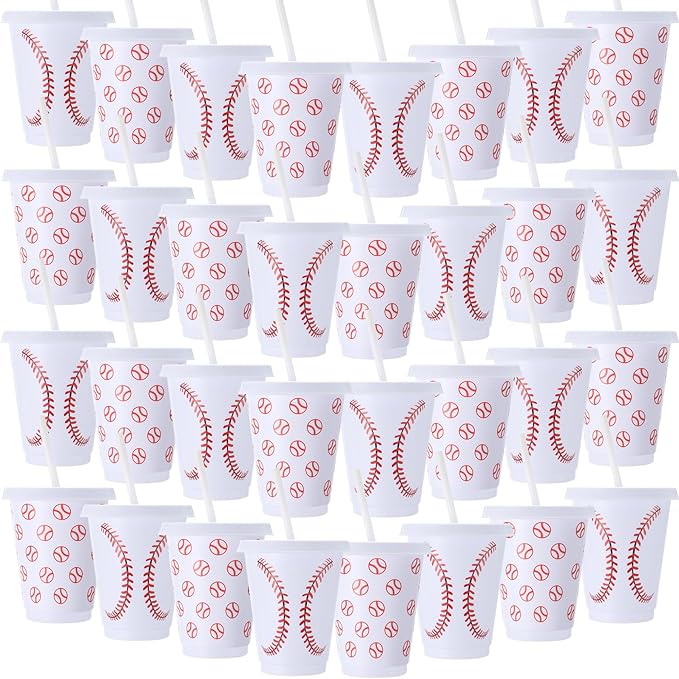 Sieral 30 Pcs Baseball Cups with Straws and Lids, 16 oz Reusable Plastic Tumblers Iced Coffee Travel Mug Sports Baseballs Water Bottle for Baseball Theme Party Favors Birthday Decorations