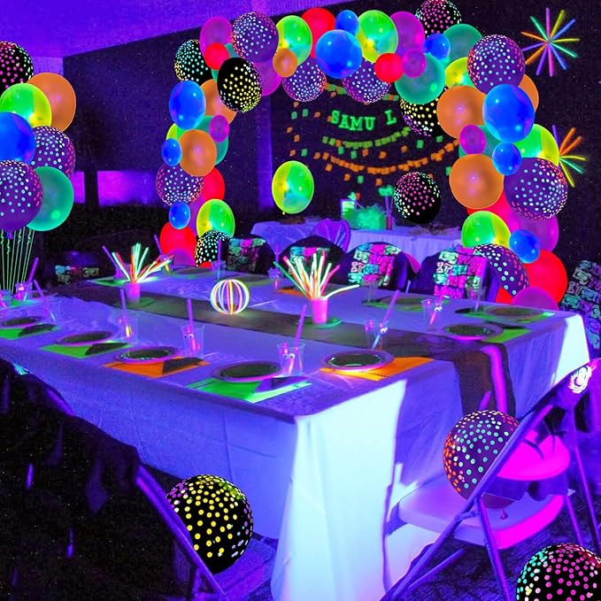 109 Pack UV Neon Balloons Black Light Balloons Glow in The Dark Balloon Blacklight Reactive Fluorescent Polka Dot Latex Balloon Assorted Colors Light Up Neon Party Supplies Glow Party Decorations