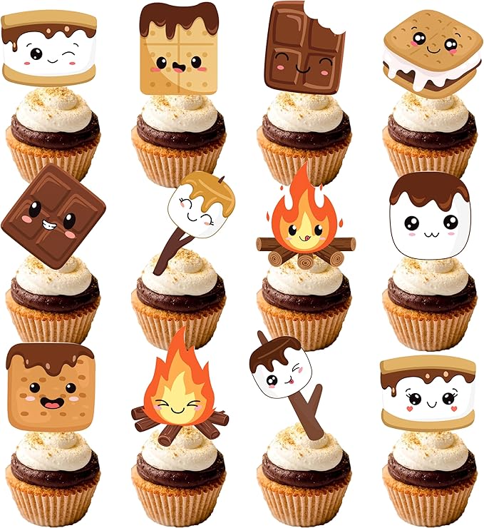 S'more Party Cupcake Toppers 48pcs S'more Birthday Party Decoration Bonfire Camping Cake Cupcake Pick Decorations for S'more Themed Camping Campfire Camper Birthday Party Supplies