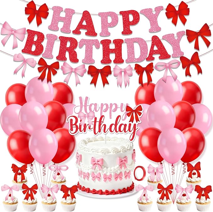 Red Pink Bow Birthday Party Decorations Bow Happy Birthday Banner Pink Red Balloons Cake and Cupcake Toppers for Girls Women Coquette Bday Wedding Bridal Valentine's Day Baby Shower Party Supplies