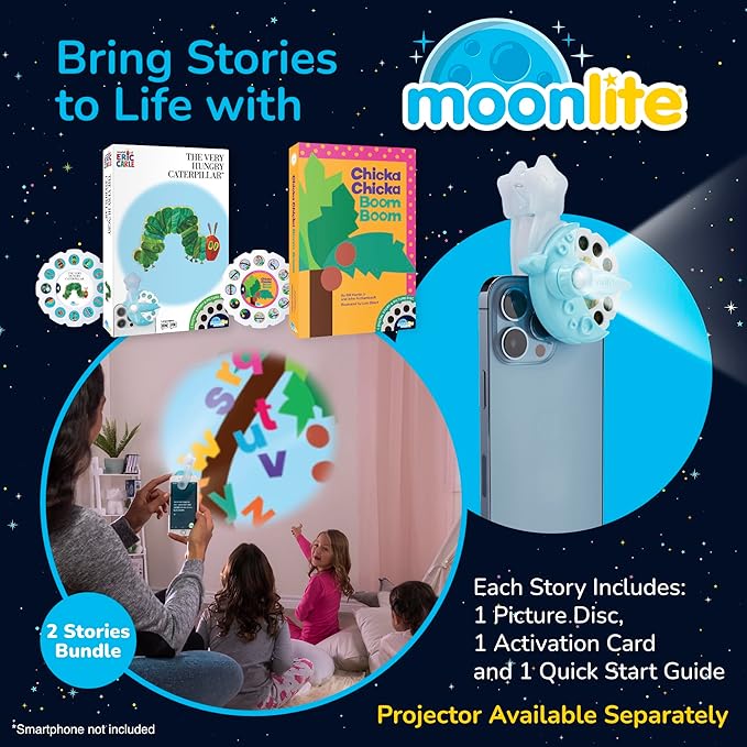 Moonlite Storytime 2-Story Bundle, Requires Moonlite Projector (Sold Separately), Chicka Chicka Boom Boom & The Very Hungry Caterpillar, Vibrant Storybook Art Projections with Sound Effects & Music
