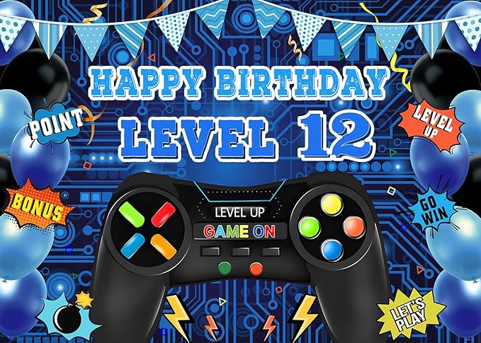 Game Theme Level 12 Birthday Backdrop Video Game Happy 12th Birthday Party Decorations Level Up Theme Boys Kids Birthday Party Supplies(7×5FT)