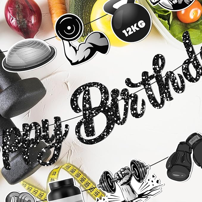 CC HOME 3Pcs Gym Happy Birthday Banner Barbell Boxing gloves Party Hanging Banner Fitness Theme Birthday Bridal Wedding Baby Shower Boys Girls Kids Home Classroom Party Supplies Decorations