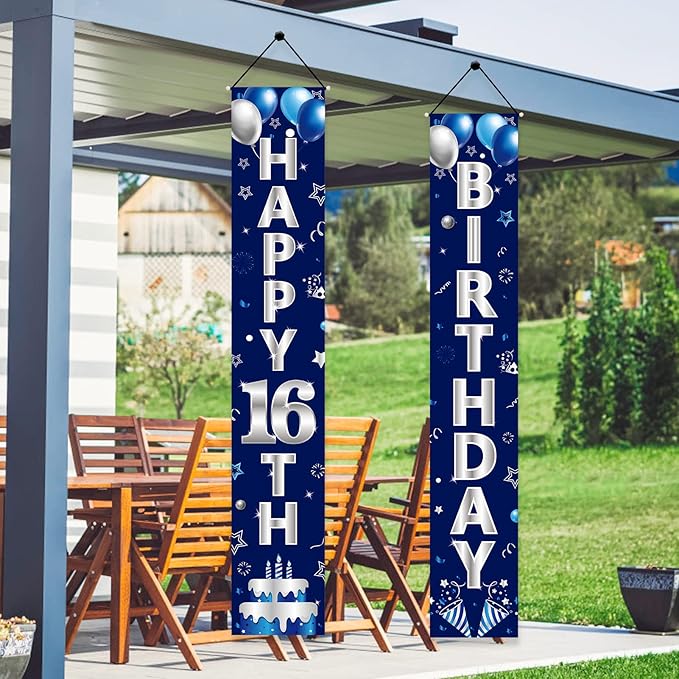 Blue Silver 16th Birthday Door Banner Decorations, Happy 16 Birthday Party Porch Sign Supplies for Boys, Sweet 16 Year Old Birthday Party Supplies