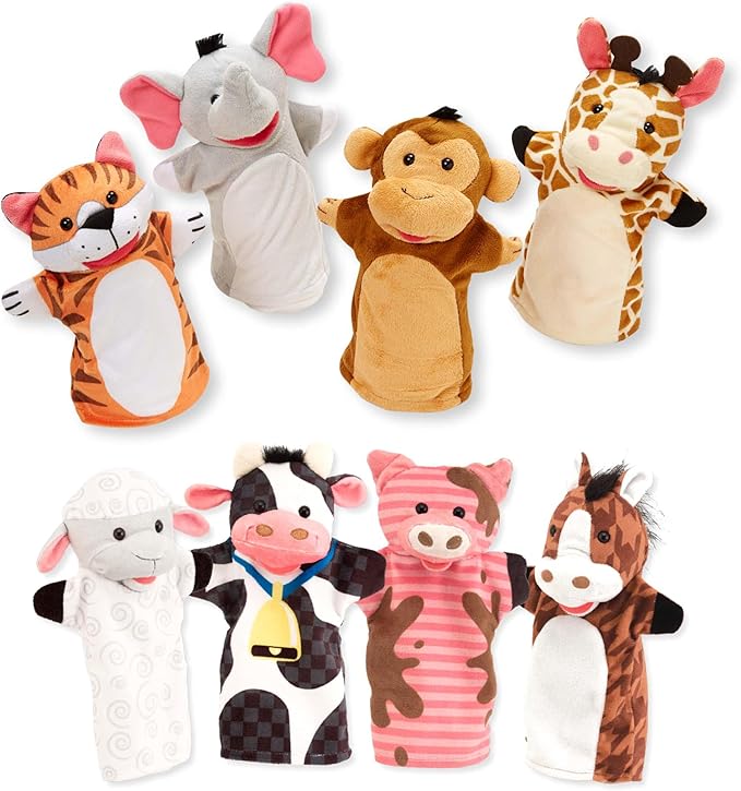 Melissa & Doug Animal Hand Puppets (Set of 2, 4 Animals in Each) - Zoo Friends and Farm Friends