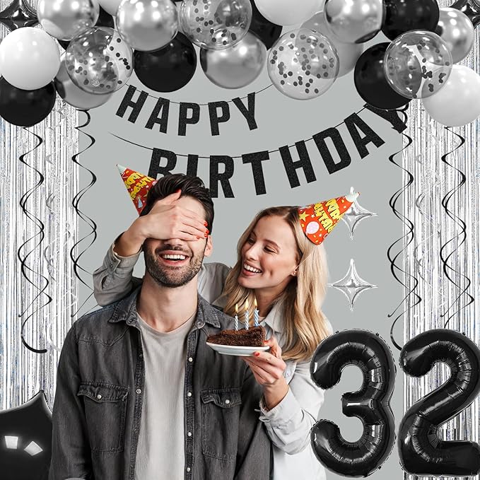32th Birthday Decorations for Men Women- Black Silver Happy 32th Birthday Party Decor With Banner Backdrop,Number 32 Foil Balloon -Black White Balloons Garland Arch Kit for 32 Years Old