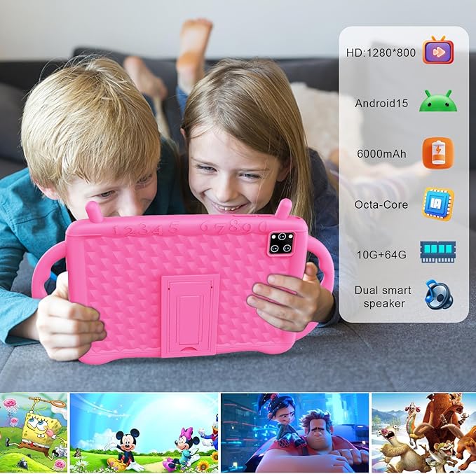 Kids Tablet 10 inch Android 15, Tablet for Kids 3-7 with 10GB RAM 64GB ROM, 512GB Expandsion, with Parental Control, WiFi, 6000mAh，Bluetooth, Dual Camera with Shockproof Case (Pink)