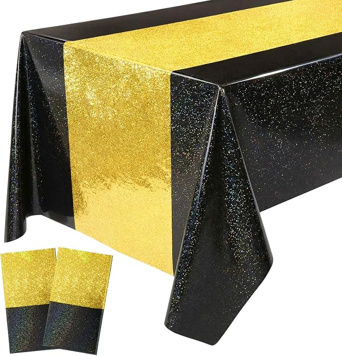 Oudain 2 Pcs Black & Gold Holographic Party Tablecloth 54 x 108 Inch Party Decoration Plastic Rectangle Table Cloth Waterproof Table Cover for Wedding Birthday Anniversary Graduation Supplies