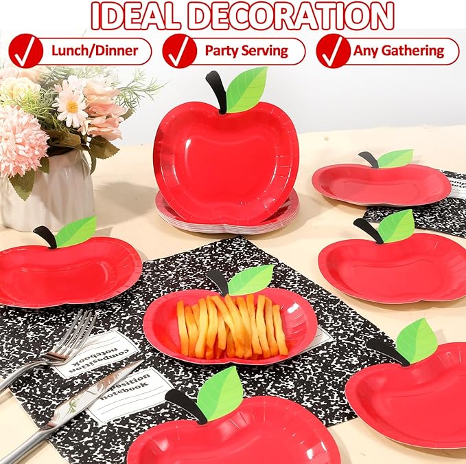 48 Pcs Back to School Tableware Set First Day of School Party Supplies Red Apple Paper Plates Composition Notebook Napkins Classroom Decoration for Kindergarten Preschool Teacher Party Serve 24