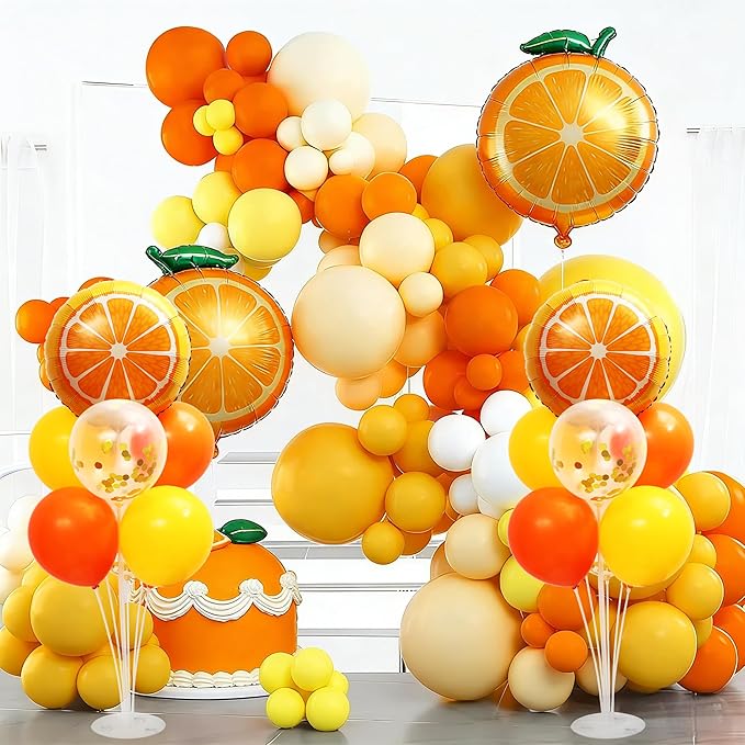 Little Cutie Balloon Stand for Table Centerpiece 2 Sets, 2 Huge Orange Fruit and 14 Orange Yellow Gold Confetti Balloons for Tangerine Theme Birthday Party Baby Shower Decorations