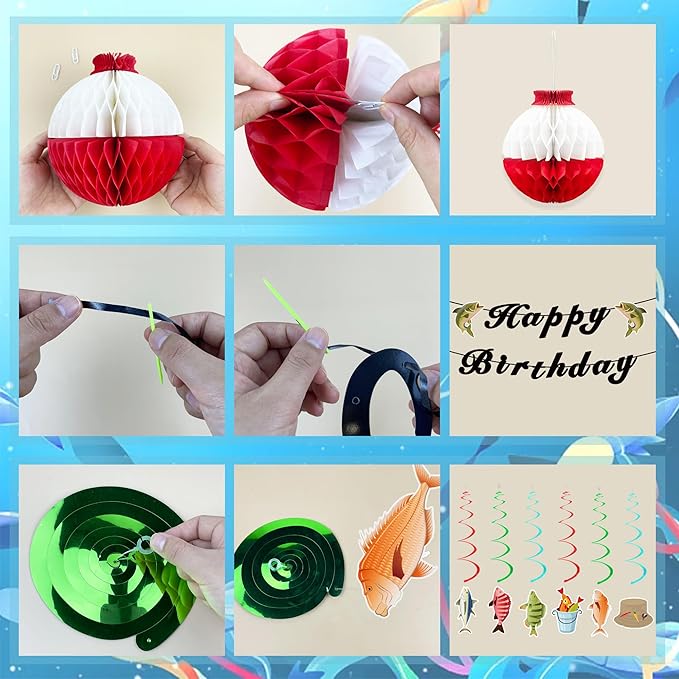 Gone Fishing Party Decorations Kit Include Hanging Banner Swirl Balloons (Happy Birthday)