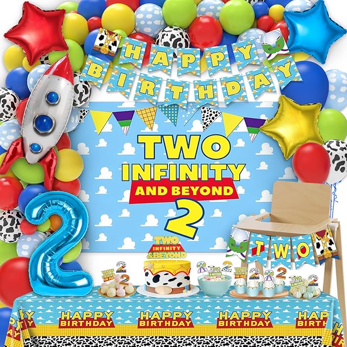 Two Infinity and Beyond Birthday Decorations - 105 Pcs Toy Inspired Story 2nd Birthday Party Supplies Include Banner, Balloons, Backdrop Film, Balloon Cake Topper, Tablecloth