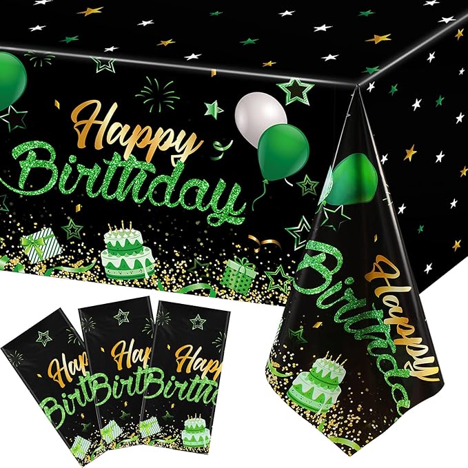 Breling Birthday Party Supplies Confetti Sprinkles Happy Birthday Tablecloths Starry Table Covers for Party Decorations, 54 x 108 Inches(Green and Black,3 Pack)