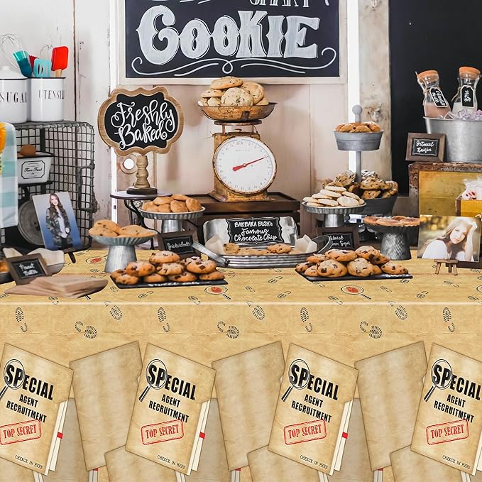K1tpde Retro Spy Party Tablecloths - 3PCS Brown Vintage Secret Agent Theme Table Covers for Kids Birthday Party Escape Room Plastic Tablecloth Mystery Decor for Boy Spy Detective Supplies