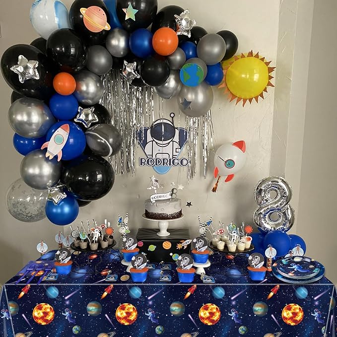 Outer Space Party Supplies for 20 Guests, Include Astronaut Planet Paper Plates, Napkins, Forks, Outer Solar System Tablecloth for Kids Birthday Party Solar System Theme Party Decorations
