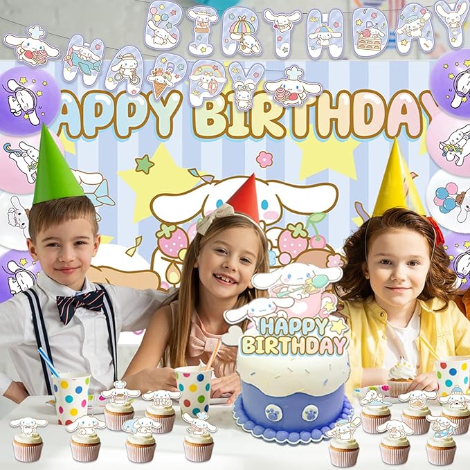 42pcs Cinna-morolls Birthday Party Supplies Pack Includes，Banner，Cake Topper，Blackdrop,Balloons for Cinna-morolls party decoration