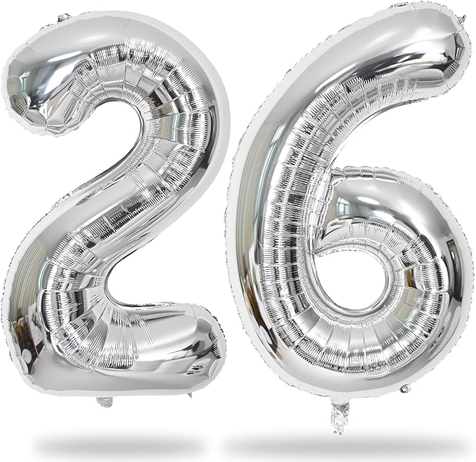 26 Balloons Number, Giant Silver Number 2 & 6 Helium Foil Balloon for Women 26th Birthday Decor, 40 Inch Self Inflating Mylar Number 26 Balloons for Man 62 Anniversary Party Decorations Supplies
