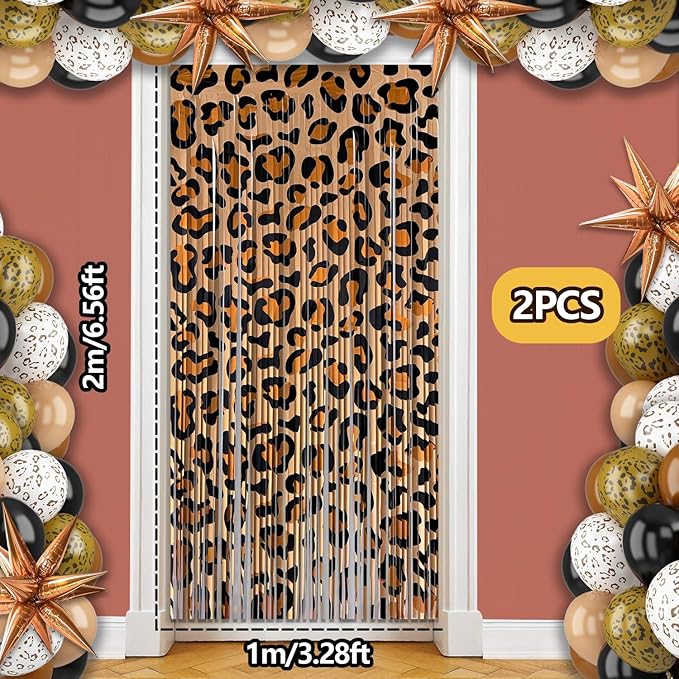 Cheetah Print Foil Fringe Curtains Birthday Decorations, 2 Pack 3.28 x 6.56 Ft Leopard Print Fringe Backdrop Cheetah Photo Booth Props Animal Birthday Party Decorations Favor Supplies