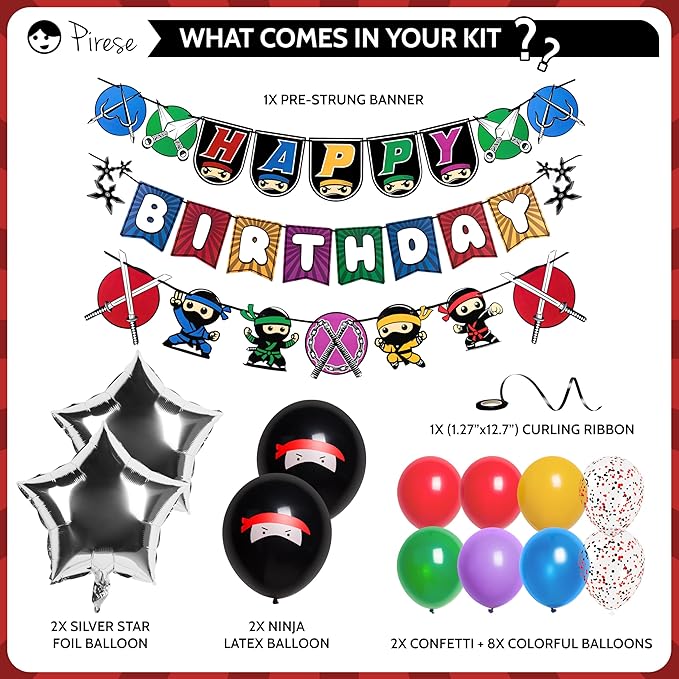 Pirese Ninja Birthday Party Decorations Kit – Japanese Ninja Birthday Banner, Ninja Party Supplies, Ninja Balloons, Martial Arts & Ninja Warrior Party Decor, Mortal Kombat Theme