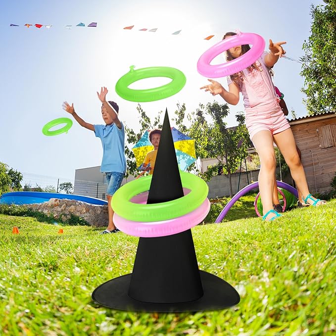 Leitee 25 Pcs Witch Hat Ring Toss Games Set Halloween Party Favors Pink and Green Party Decorations 5 Black Oxford Fabric Wizard Hats with 20 Inflatable Rings for Girls Women Birthday Movie